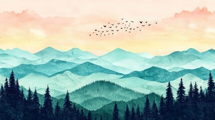 Obraz premium A serene watercolor twilight landscape featuring layers of softly colored mountains in cool shades of teal, mint green, and blue. The sky above transitions from a warm peachy yellow near the horizon .
