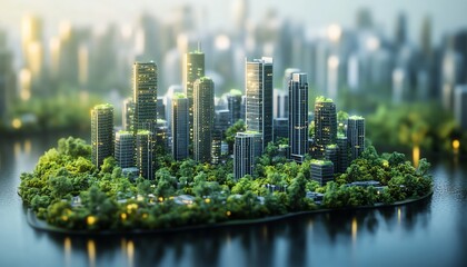 Fototapeta premium Advanced 3D render of a hightech, green energypowered city, with a focus on ESG principles for sustainable industry and generative AI solutions