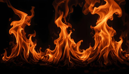 Fototapeta premium Fire flames on black background, burning fire flame on black background