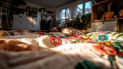 Sunlit Floral Bedding  Cozy Bedroom  Home Decor  Soft Texture  Natural Light  Plants