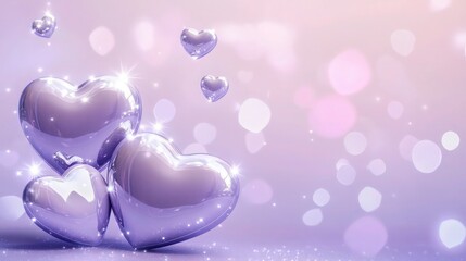 Fototapeta premium A soft lavender scene with three glossy, heart-shaped objects, their polished surfaces reflecting bright white highlights. 