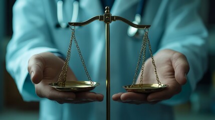 A doctor holding a golden balance scale symbolizing fairness and ethics in healthcare. Perfect for themes of medical law, ethics, and healthcare justice.