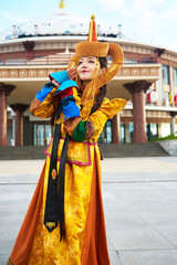 Obraz premium Mongolian girl wearing traditional costume of Khalkha tribe