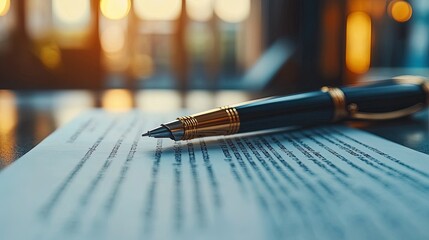 Close-up of a legal contract with a pen ready for signature, high detail