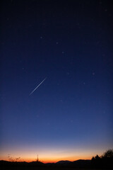 Milky Way stars with meteor shower trails and countryside tree s