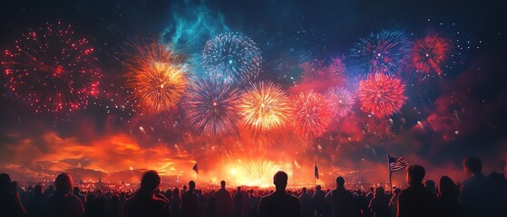 A colorful 3D render of fireworks lighting up the sky over a crowd of people, celebrating US Independence Day with the American flag prominently displayed