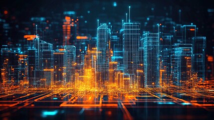 Surreal cityscape with glowing blueprints overlayed on the buildings, futuristic engineering