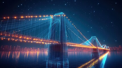 Modern bridge design blueprint with glowing lines, futuristic architectural details 