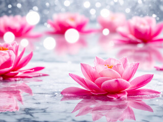 Pink Lotus Flowers Floating on Water with Bokeh Background