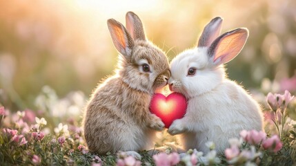 Obraz premium Two adorable rabbits share a heart amidst a colorful flower field, radiating love and joy in a dreamy, sunlit setting.