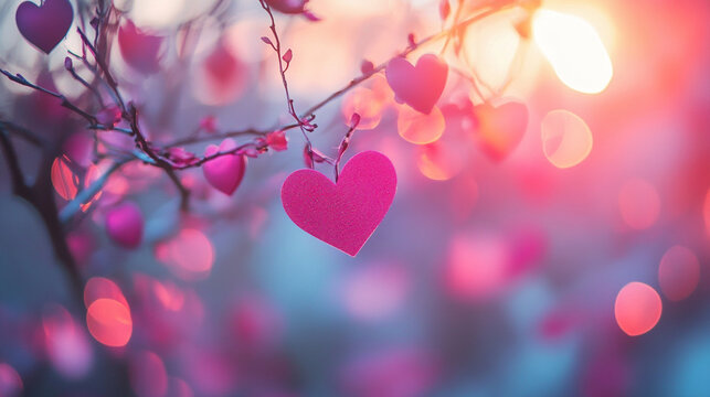 Colorful heart-shaped decorations hanging on branches during Valentine&rsquo;s Day celebration