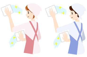 窓を二度拭きする男女