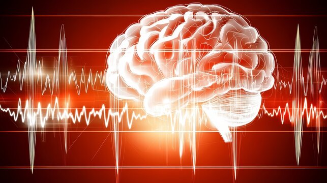 Futuristic medical concept with digital illustration of human brain, heartbeat, and data lines, symbolizing the connection between mind, health, and technology