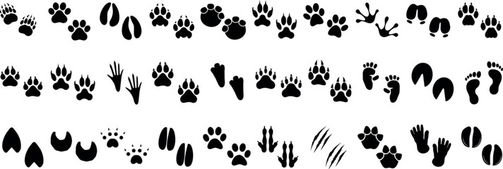 Animal paw prints, footprints, and hoof marks vector set. animal paw print silhouette design of wildlife tracks including birds, reptiles, mammals, and human steps