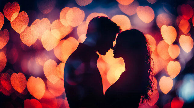 Romantic couple embraces under a heart-themed background celebrating Valentine's Day