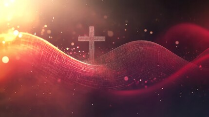 Dramatic image of cross on red wave with bright, shining background 