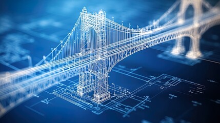 Detailed bridge blueprint with structural calculations, fine linework and technical precision