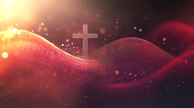 Dramatic image of cross on red wave with bright, shining background 