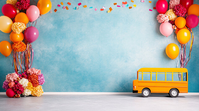 vibrant setup featuring oversized school bus props, colorful balloons, and floral arrangements against blue backdrop, perfect for celebrations and playful events