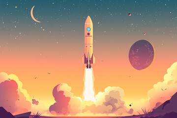 Obraz premium bold flat-design illustration of rocket mid-launch with minimal colors and soft gradients emphasizing copy space
