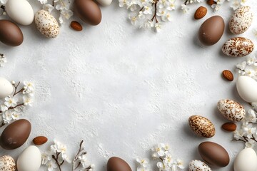 Fototapeta premium Easter border with robin's eggs and chocolate eggs with free space for text