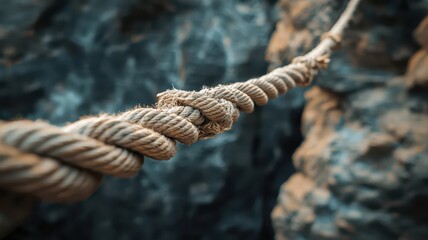 Fototapeta premium A worn rope swaying over a deep canyon. Surrealistic image for metaphor.