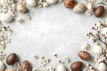Obraz premium Easter border with robin's eggs and chocolate eggs with free space for text
