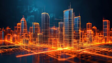 Architectural drawing of a cityscape, precise lines and glowing building outlines