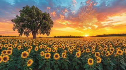 Obraz premium Vibrant sunset over a sunflower field with a lone tree.