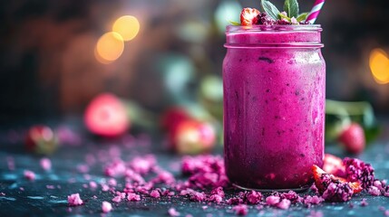 Vivid berry smoothie in a jar with crushed fruit.