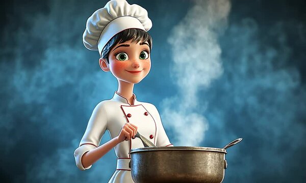 Cartoon chef girl stirring a pot of steaming food.