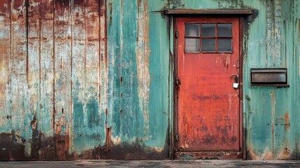 Weathered Old Rusty Wall with Textures and Red Door Background