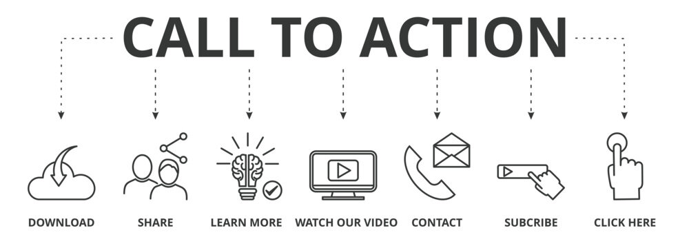 Call to action banner vector illustration concept with icon of download, share, learn more, watch our video, contact us, subscribe, and click here