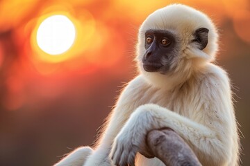 Obraz premium A contemplative white langur monkey sits against a vibrant sunset backdrop.