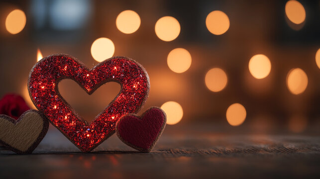 Romantic heart decorations with soft glowing lights for Valentine's Day celebration