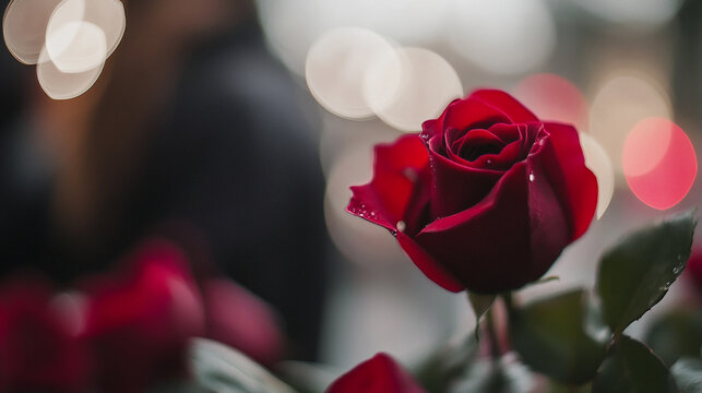Romantic red roses blooming for Valentine's Day celebration in a vibrant urban setting