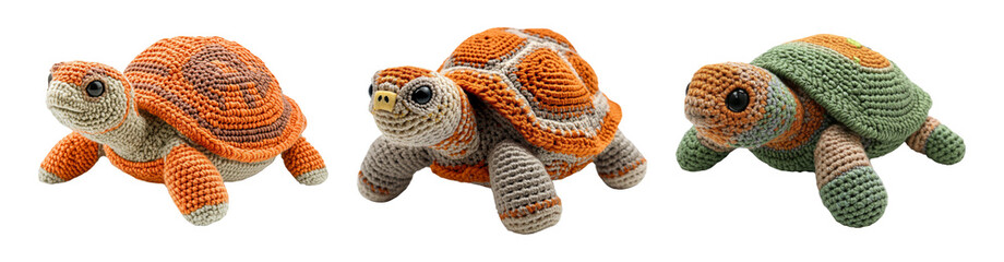 Obraz premium Colorful Crochet Tortoises on Transparent Background for Display