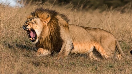 A lion roaring in a grassy savanna, showcasing its power.