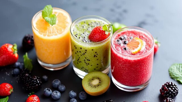 3 verrines aux fruits en pur&eacute;e, smoothie, jus de fruits. Plateau de pr&eacute;sentation avec lumi&egrave;re de studio.