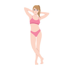 Beautiful model posing for dress up wearing underwear or bikini. Flat vector character illustration