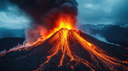 A volcano erupting violently, with fiery lava pouring down the mountainside, dark ash clouds filling the sky, and the landscape being consumed by the destructive force of nature