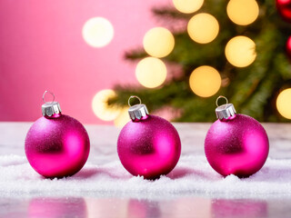 Fototapeta premium Three Pink Christmas Ornaments in the Snow