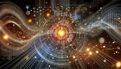 Obraz premium Abstract Visualization of Artificial Intelligence Information Processing: Dynamic Glowing Nodes and Data Flow in Dramatic Lighting