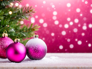 Fototapeta premium Pink Christmas Ornaments on Snow with Pink Background