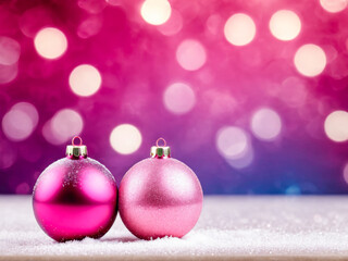 Obraz premium Pink Christmas Ornaments on Snowy Surface with Bokeh Background