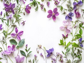 Fototapeta premium Purple and Green Flowers on White Background