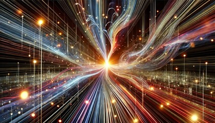 Obraz premium Big Data Concept: Converging Data Streams in Vibrant Colors and Dramatic Lighting, High-Tech Digital Visualization