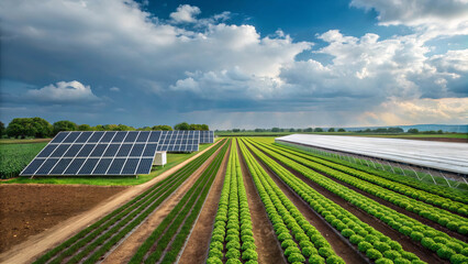 Sustainable agriculture project with solar panels and green crops under cloudy sky. This showcases integration of renewable energy in farming practices