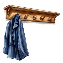 Watercolor illustration of a wooden coat rack with a blue jacket hanging on it.