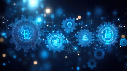 Obraz premium Set of luminous digital gears in blue tones interconnected, representing smart networks, advanced technology, and cyber systems. Generated with AI.